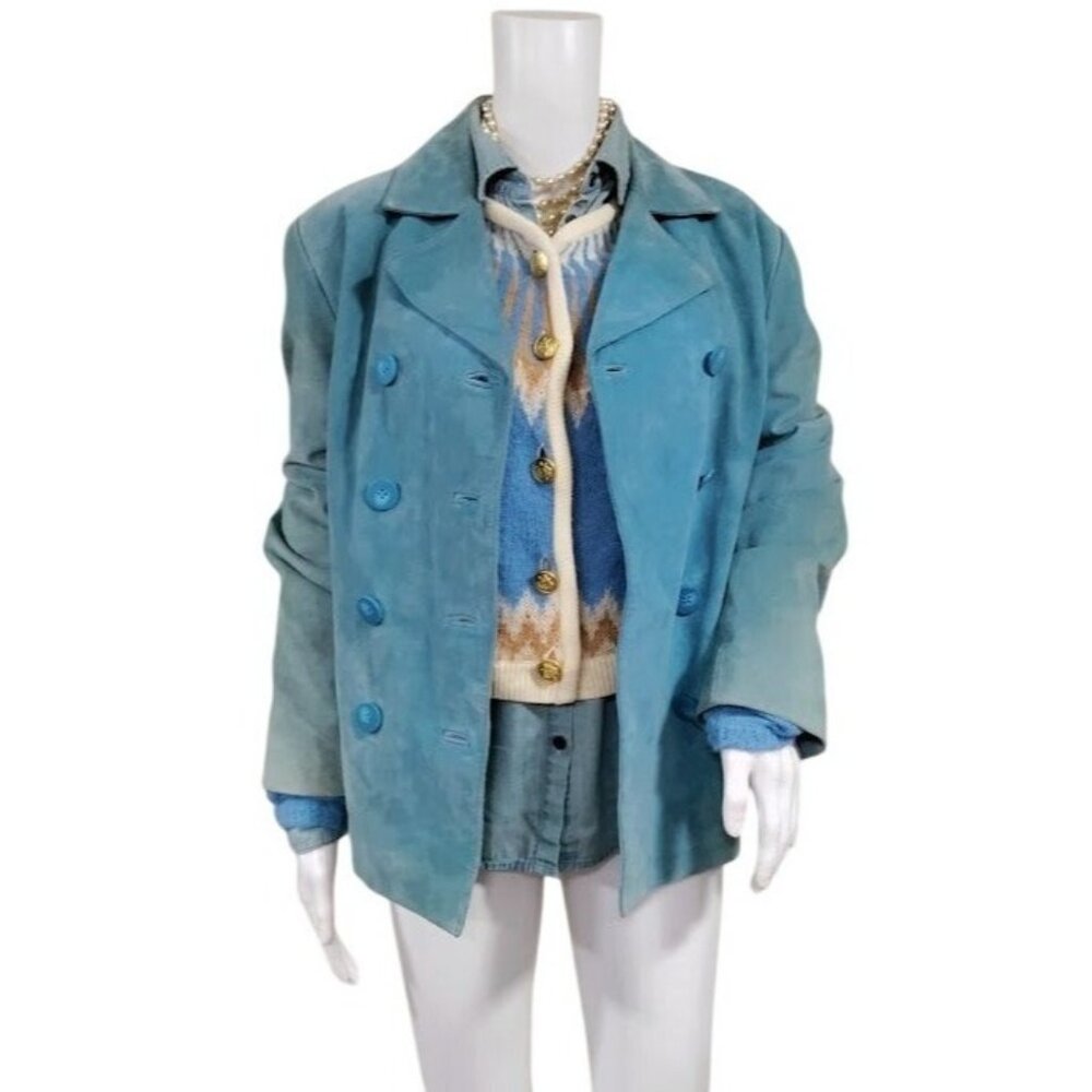 J. Marco Suede Artsey Rugged Double Breasted Leather Blazer Jacket Blue Size L